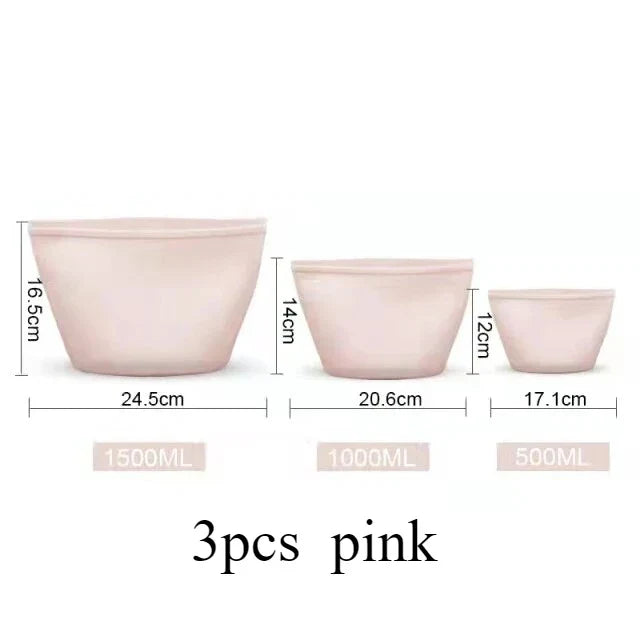 3PCS Reusable Silicone Food Storage Bags – Leakproof Ziplock Containers (500ml–1500ml)